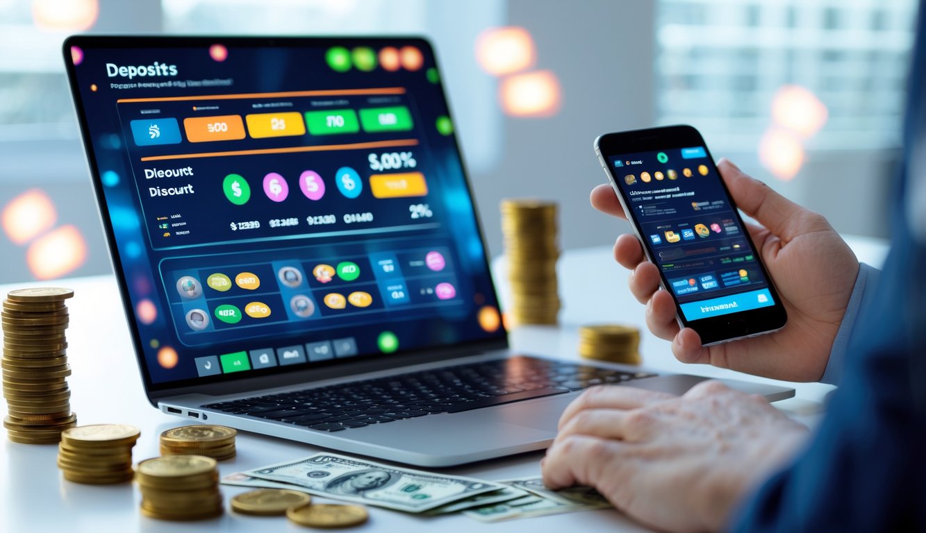 Seorang pengguna dengan laptop dan ponsel di meja yang menampilkan aplikasi togel online dengan simbol uang dan diskon.