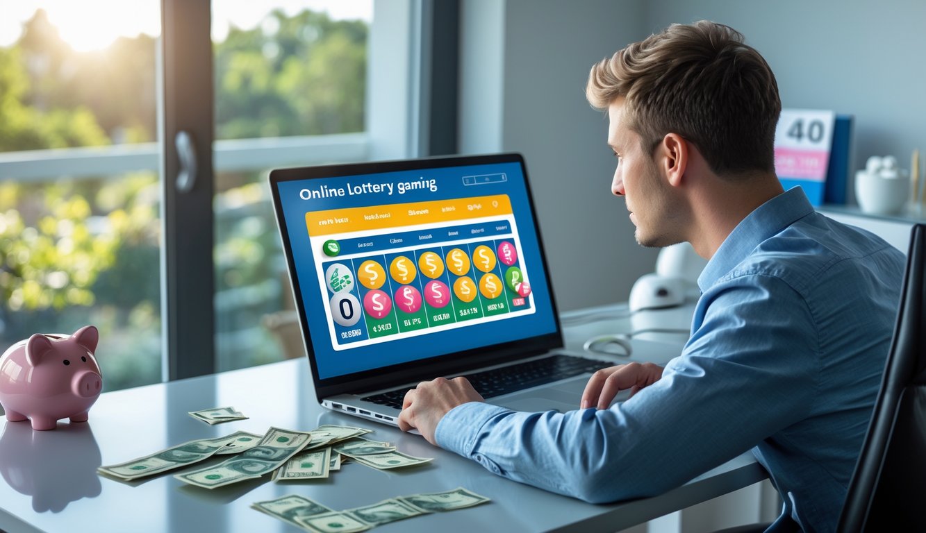 Seorang pria muda duduk di meja kerja dengan laptop, terlihat fokus bermain togel online dengan uang dan piggy bank di sekitarnya.