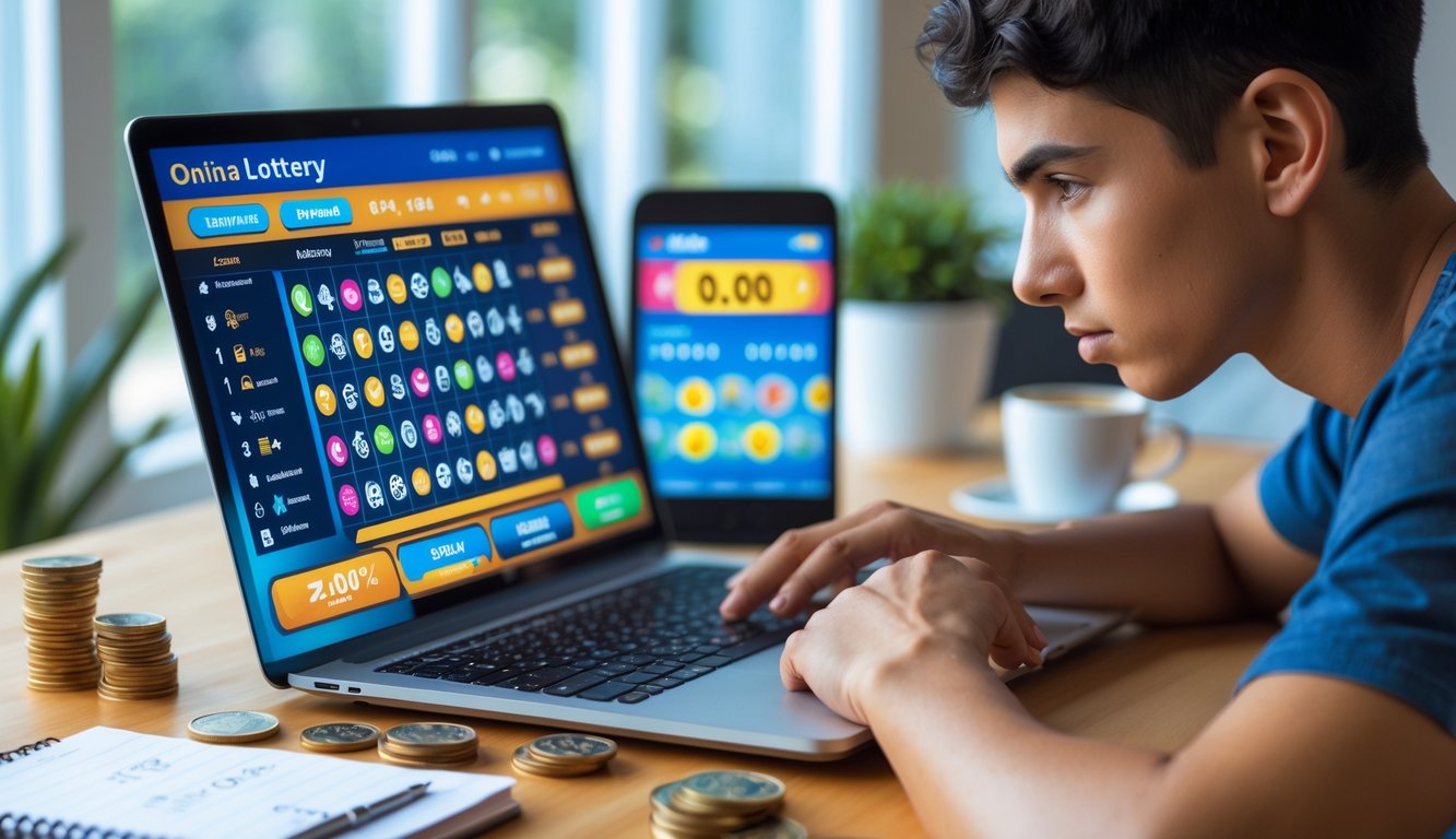 Seseorang sedang duduk di meja kerja dengan laptop dan smartphone, fokus menganalisis permainan togel online dengan tumpukan koin kecil di sekitarnya.