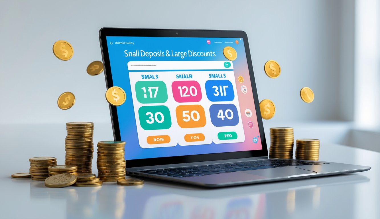 Seseorang menggunakan laptop dengan tampilan situs togel online, dikelilingi oleh simbol uang dan tanda diskon.