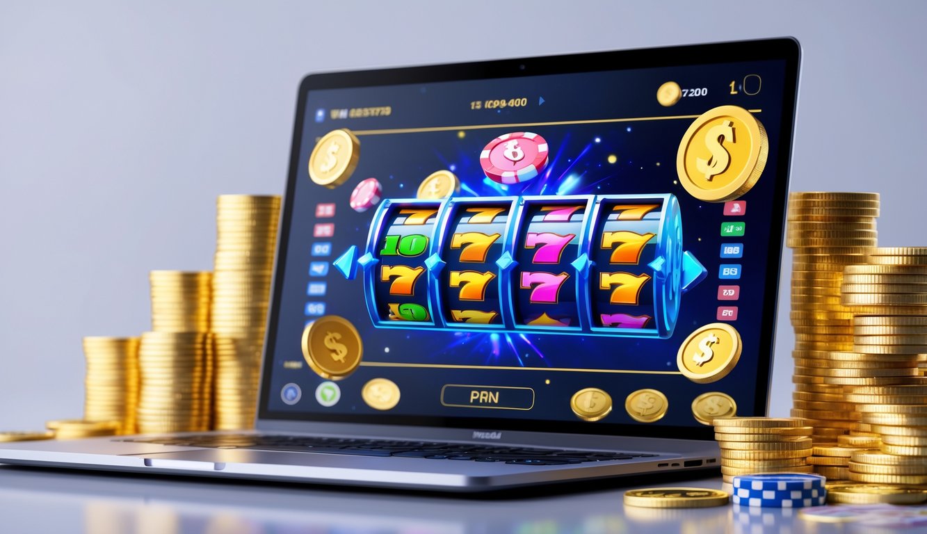 Sebuah laptop menampilkan permainan mesin slot online dengan koin emas dan chip kasino di sekitarnya.