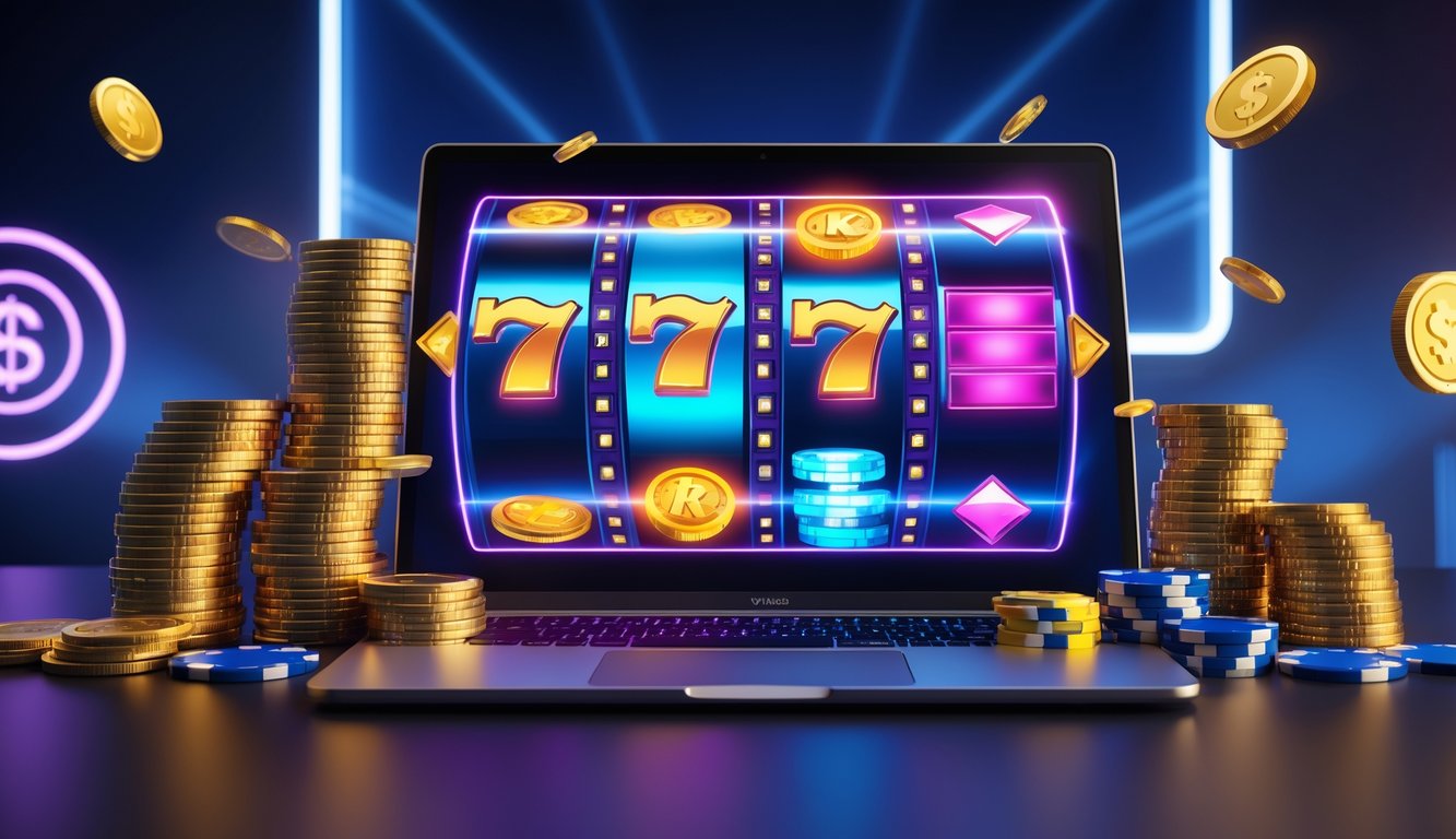 Sebuah layar komputer menampilkan permainan slot online dengan koin emas dan chip poker di sekitarnya dalam suasana ruang permainan yang modern dan berwarna neon.
