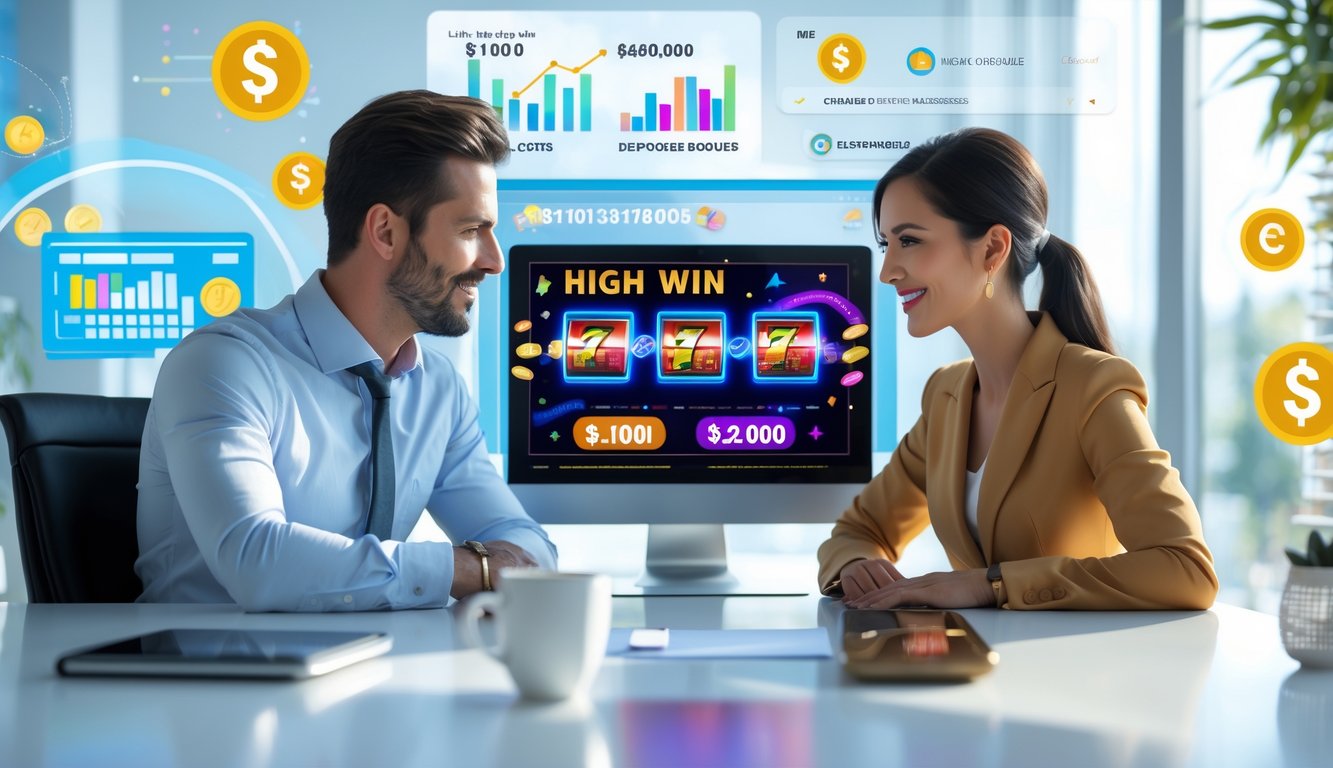 Seorang pria dan wanita duduk di meja kantor modern, fokus melihat layar laptop dengan grafik permainan slot online dan simbol uang.