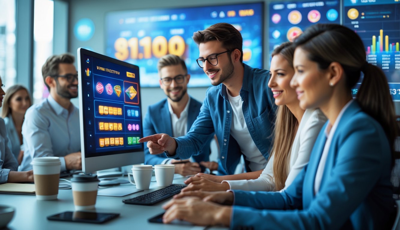 Sekelompok orang sedang berdiskusi di depan komputer dengan tampilan permainan slot online dan grafik statistik di layar.