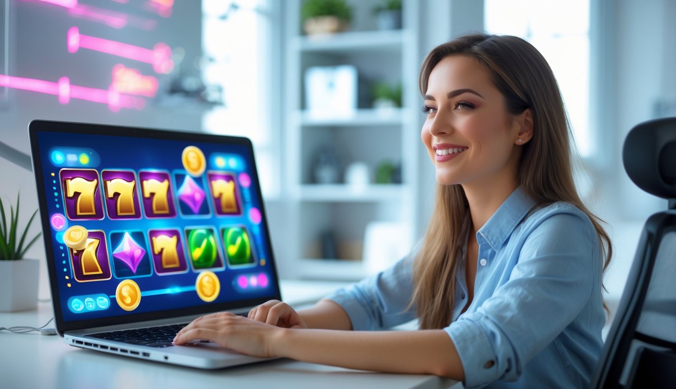 Seorang wanita muda tersenyum duduk di depan laptop yang menampilkan permainan slot online dengan simbol kemenangan dan bonus.