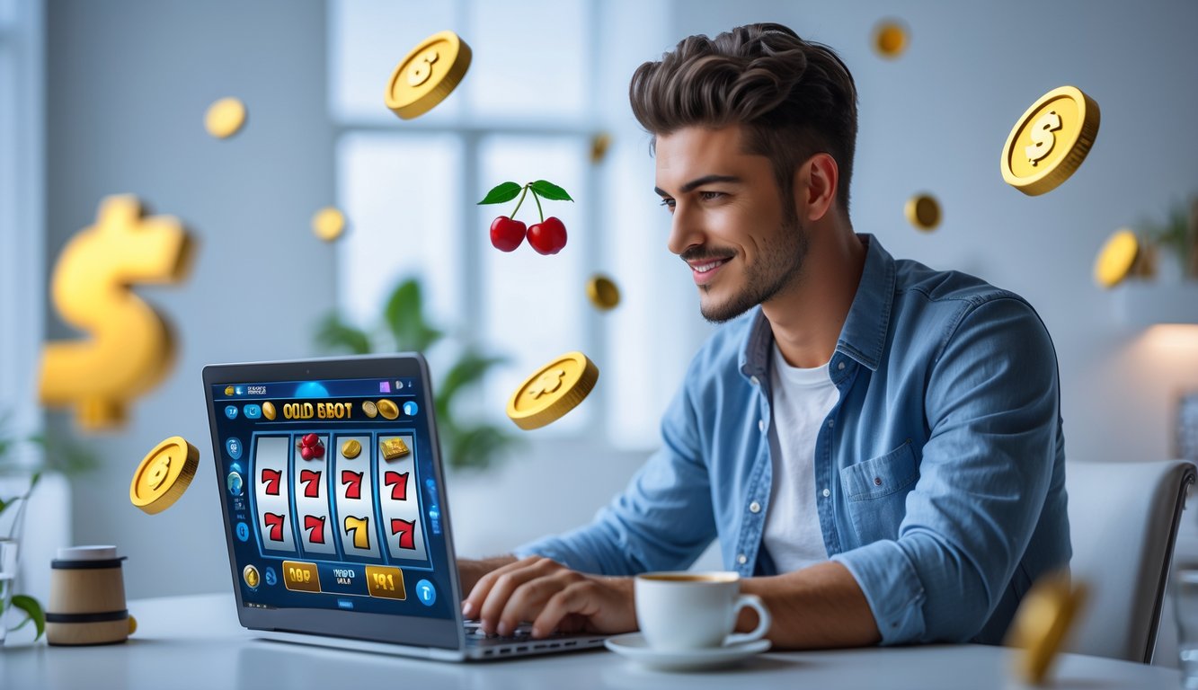 Seorang pria muda duduk di depan laptop bermain permainan slot online dengan ekspresi fokus dan optimis di ruangan terang.