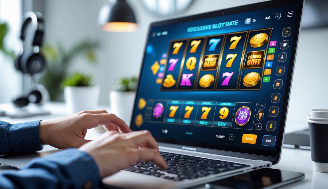 Seseorang bermain permainan slot online di laptop dengan latar belakang ruang kerja yang rapi dan terang.