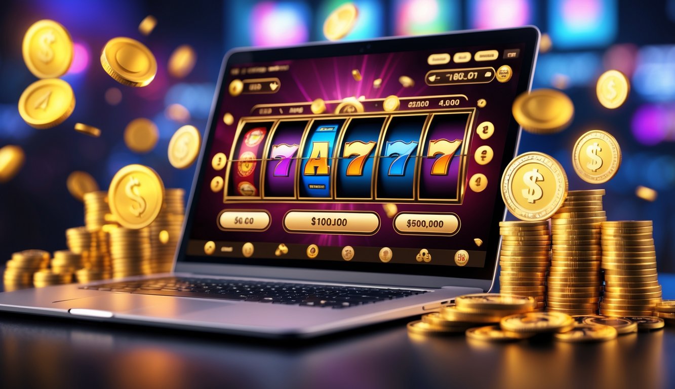Seorang pemain menggunakan komputer dengan permainan slot online yang menampilkan simbol warna-warni dan koin emas di sekitarnya.