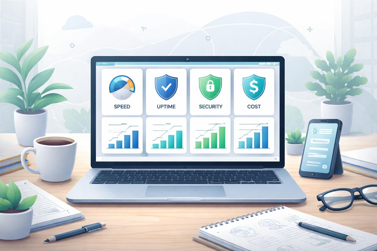 WordPress Hosting Comparison Small Business: Choose the Right Provider 1 A laptop on a desk showing hosting metrics with business items like a coffee cup and smartphone nearby in a modern office setting.