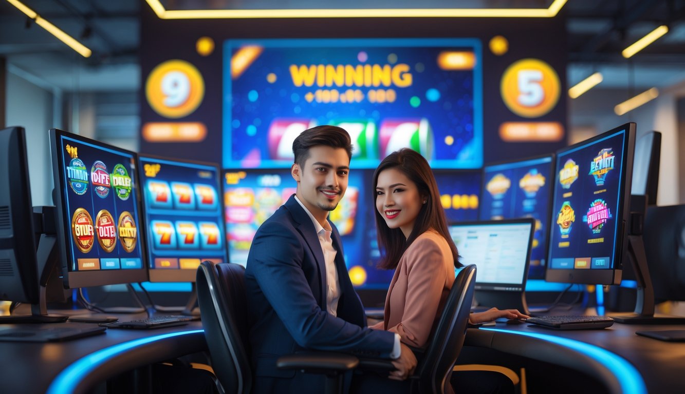 Dua orang dewasa muda sedang bermain slot online di komputer di ruang kantor modern yang terang dan nyaman.