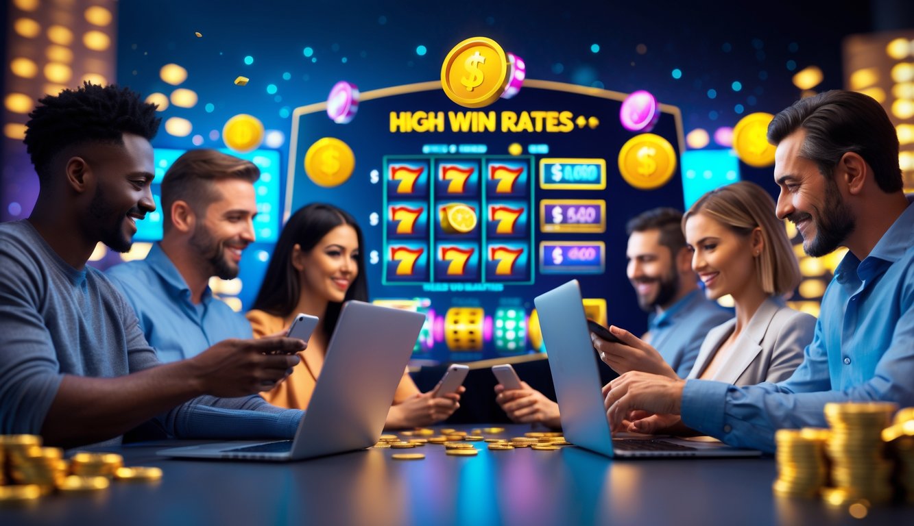 Sekelompok orang dewasa menggunakan perangkat digital dengan latar belakang elemen permainan slot online dan simbol kemenangan.