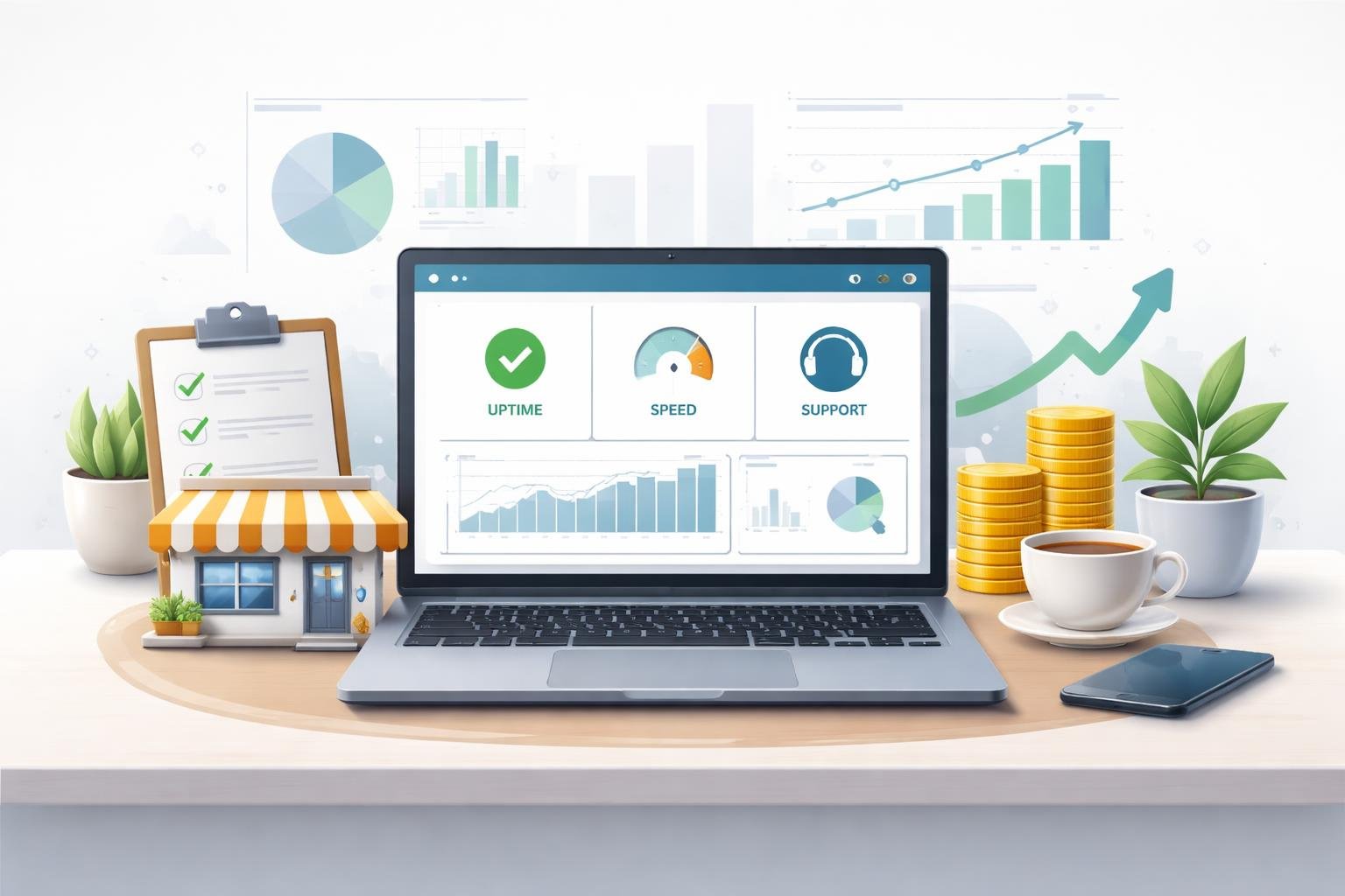 WordPress Hosting Comparison Small Business: Choose the Right Provider 2 A laptop on a desk showing hosting metrics surrounded by small business symbols like a storefront model, coins, and checklists, with charts floating in the background.