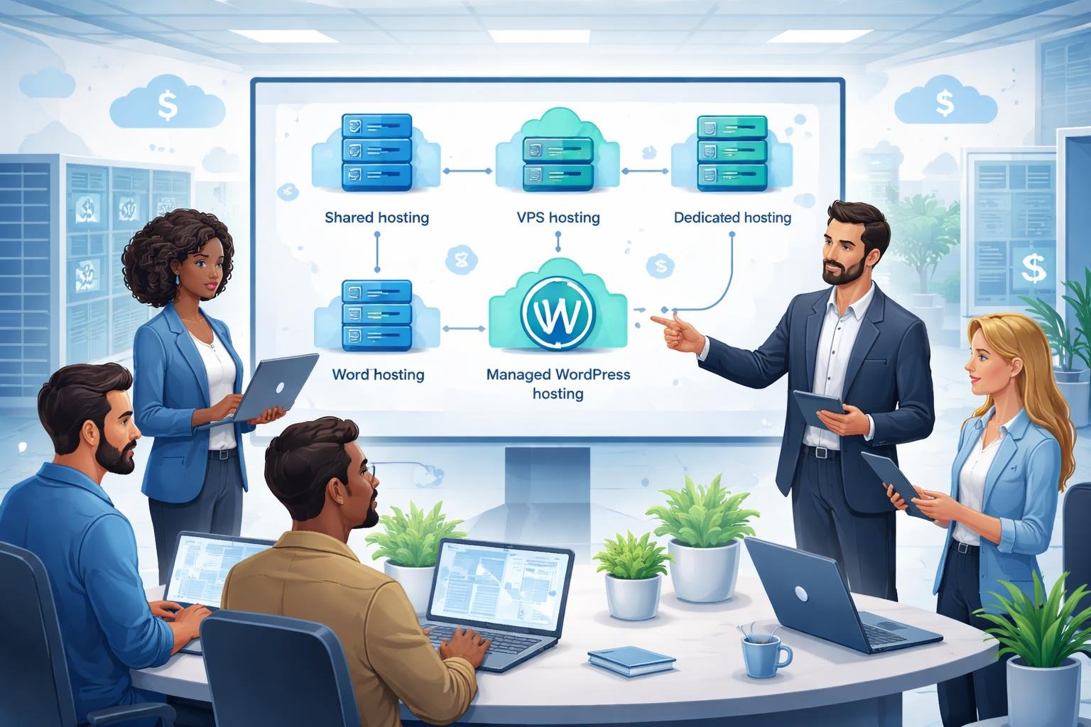 WordPress Hosting Comparison Small Business: Choose the Right Provider 3 A group of small business people and IT professionals discussing different WordPress hosting options around a digital display with icons of servers, clouds, and security symbols.
