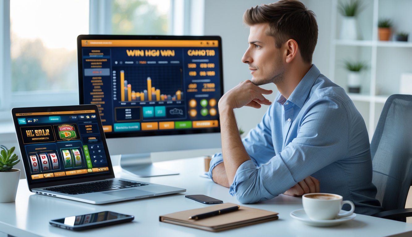 Seorang pria muda duduk di meja kerja dengan laptop dan ponsel yang menampilkan permainan slot online, terlihat fokus menganalisis data dan strategi.