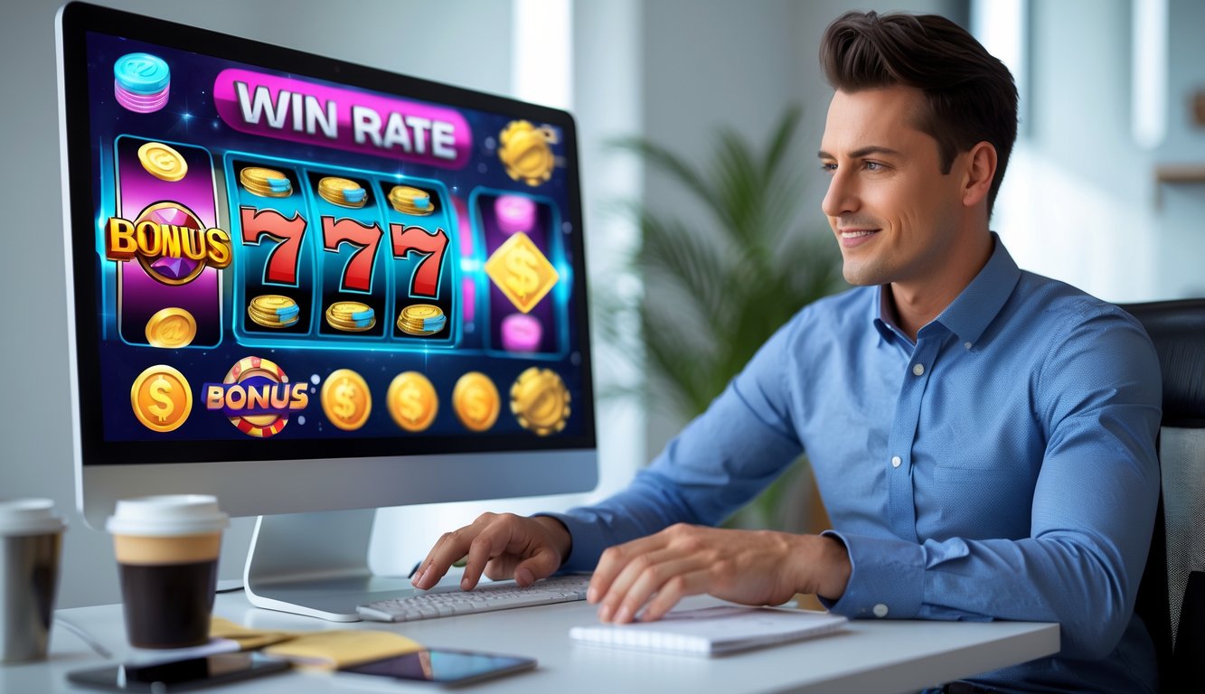 Seseorang sedang menggunakan komputer dengan tampilan permainan slot online berwarna-warni di layar, di ruangan yang rapi dan terang.