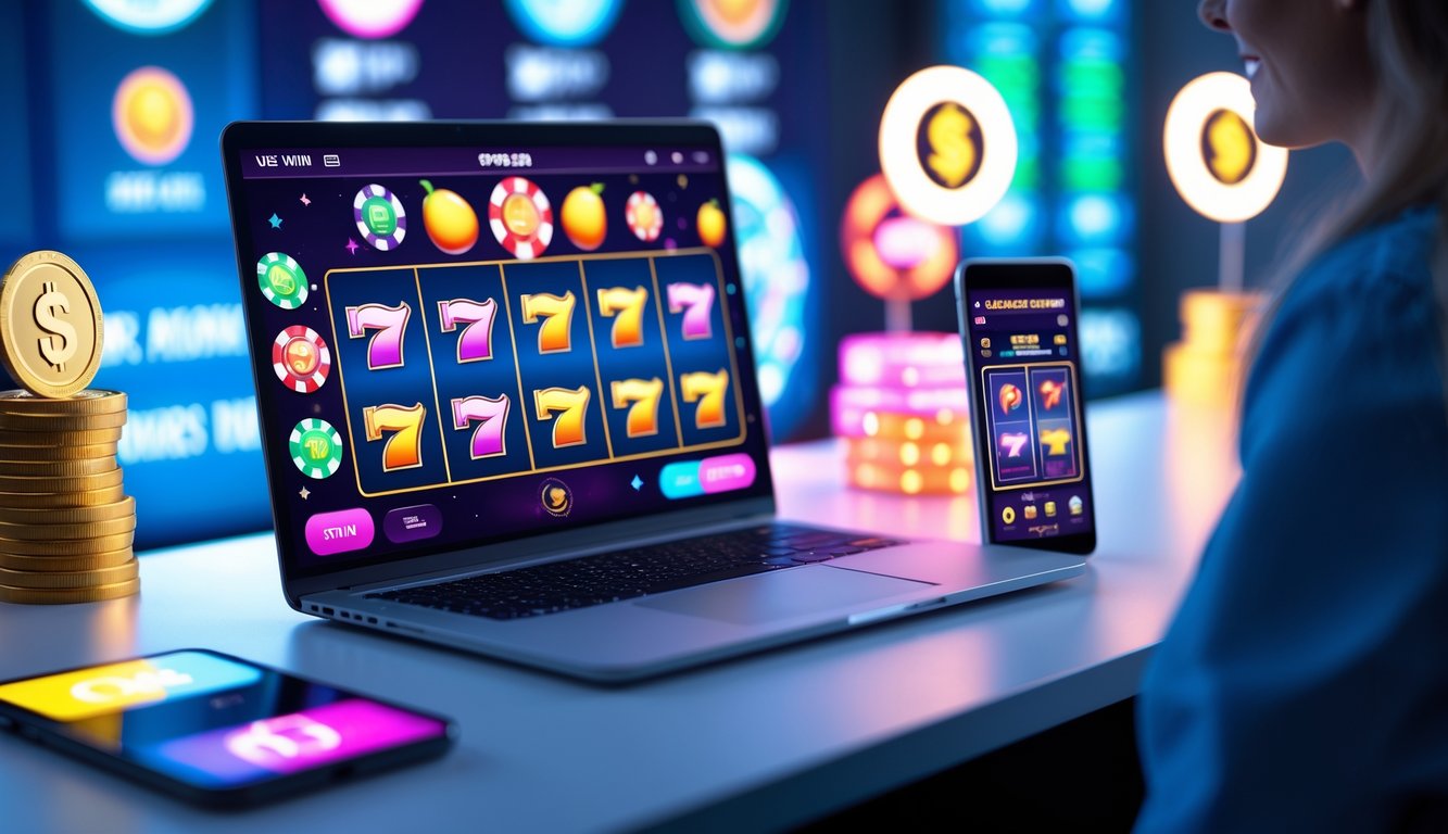 Seorang pengguna sedang bermain permainan slot online di laptop dan ponsel dengan latar belakang ikon bonus dan koin digital.