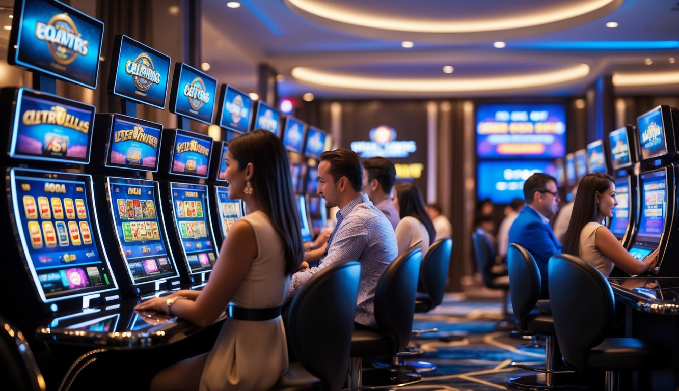 Orang-orang bermain mesin slot online di ruangan modern dengan layar komputer dan suasana yang cerah.