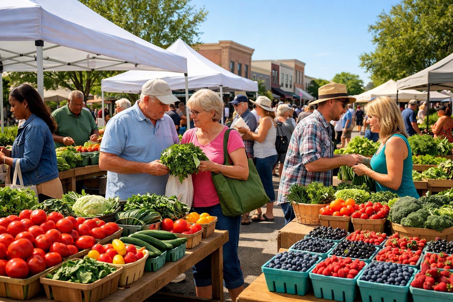 People shopping at an outdoor farmers market with fresh fruits and vegetables displayed on tables in a small-town setting.