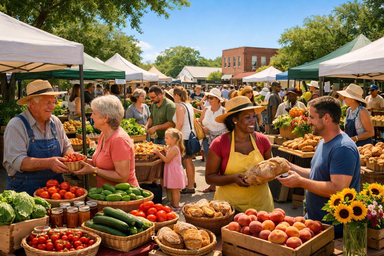People shopping and interacting at an outdoor farmers market with colorful fresh produce and vendors in Dothan, Alabama.