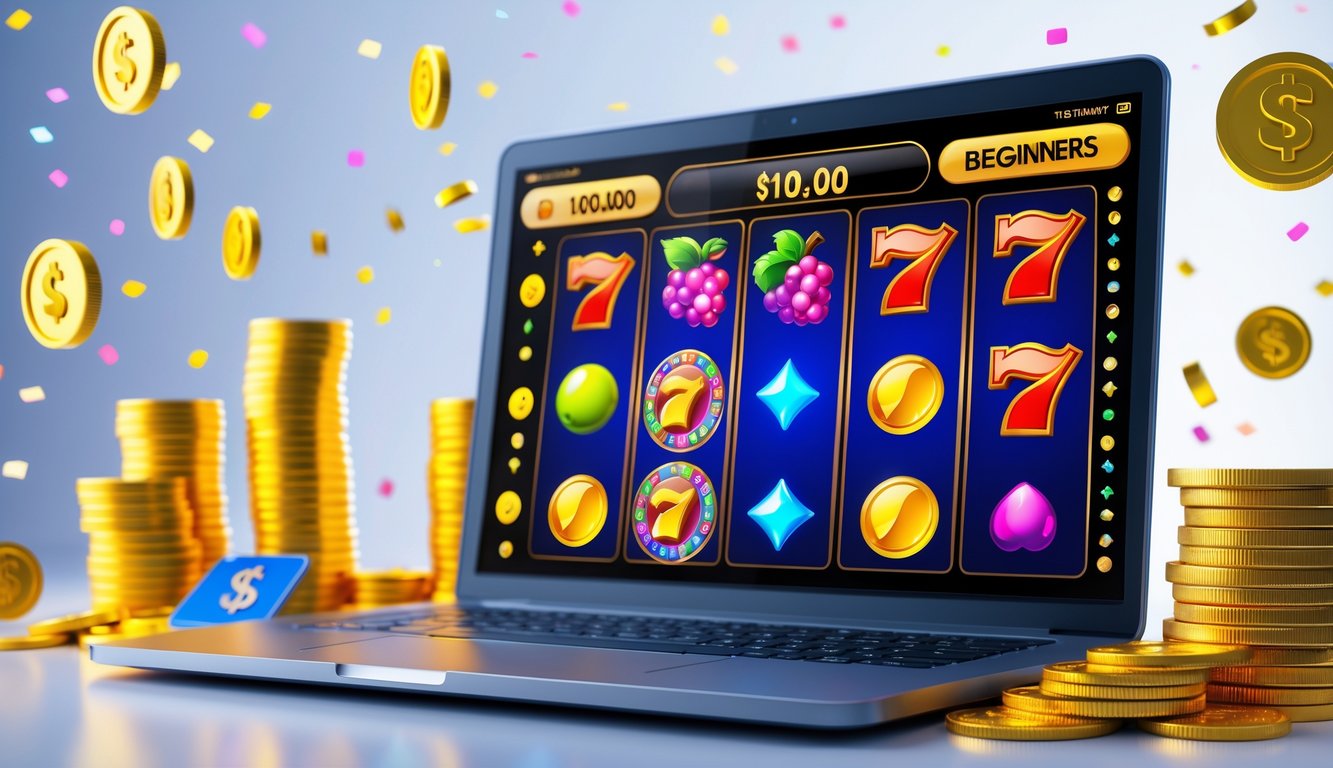 Seorang pemula sedang bermain mesin slot online di komputer dengan tumpukan koin emas dan simbol jackpot di sekitar layar.