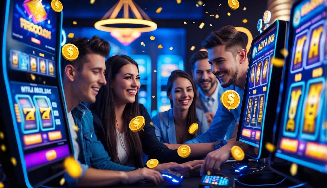 Beberapa orang muda sedang bermain mesin slot online di komputer dan ponsel di ruangan yang terang dan modern dengan dekorasi bertema kasino.