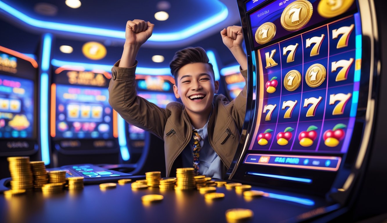 Seorang pemain muda yang gembira merayakan kemenangan besar di mesin slot digital dengan simbol warna-warni dan koin virtual di sekitarnya.
