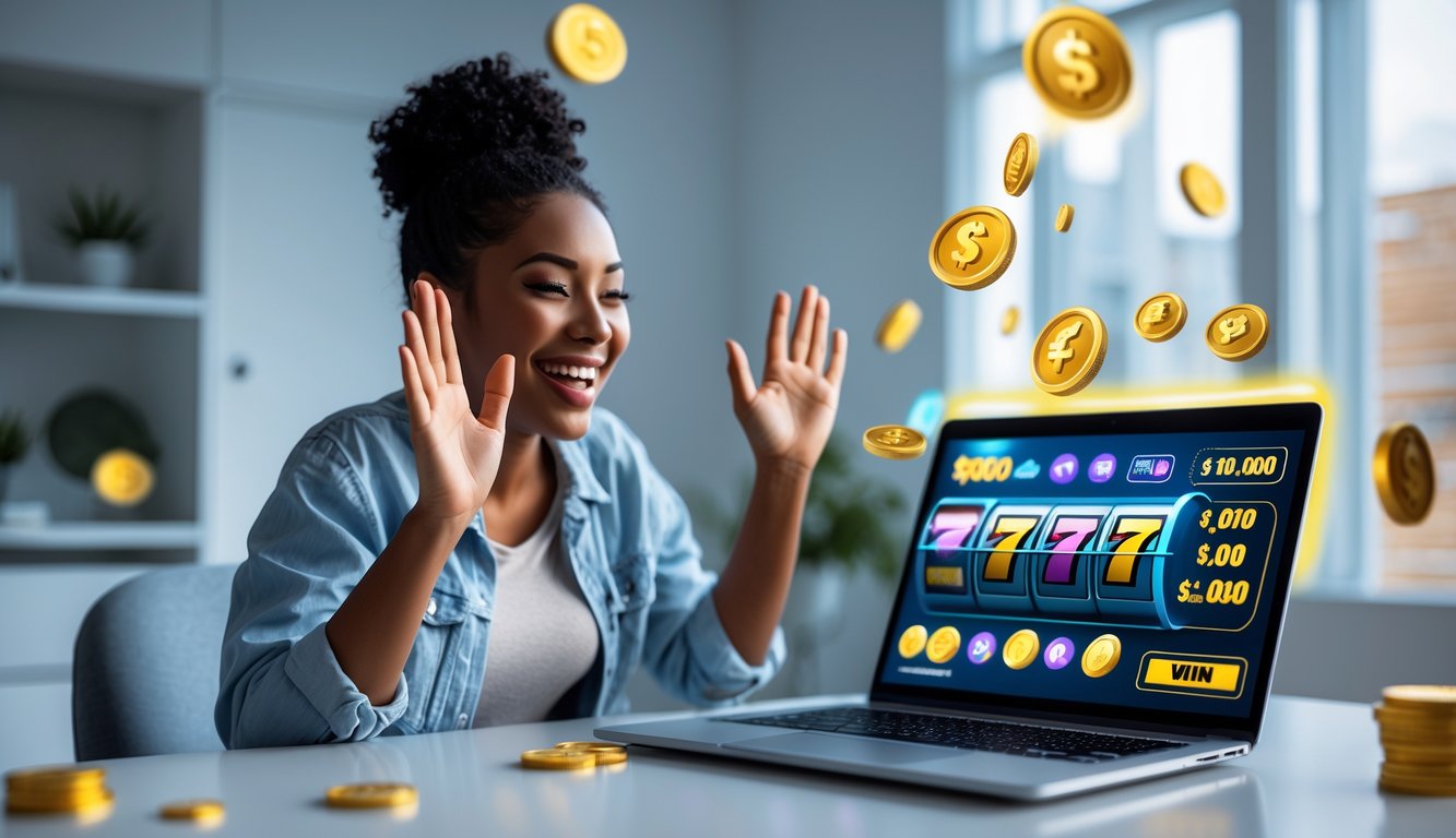 Seorang dewasa muda sedang merayakan kemenangan besar saat bermain slot online di laptop di ruang kerja modern.