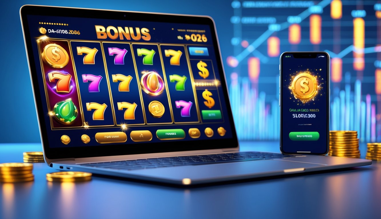 Sebuah laptop dan ponsel menampilkan permainan slot online dengan simbol warna-warni dan notifikasi bonus deposit di meja modern.