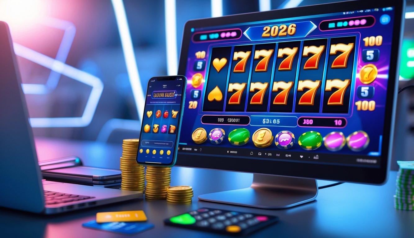 Seorang pengguna sedang bermain permainan slot online di laptop dan ponsel dengan latar belakang meja kerja yang rapi dan alat pembayaran di dekatnya.