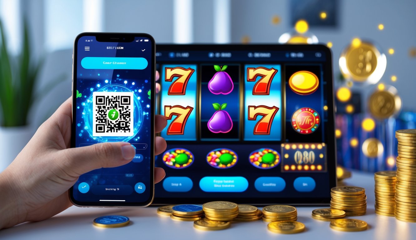 Seseorang memegang ponsel yang menampilkan mesin slot digital dengan kode QRIS di layar, dikelilingi oleh chip kasino dan koin emas.