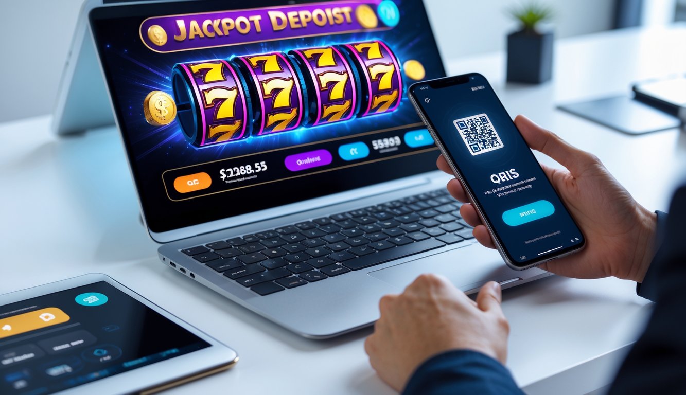 Seseorang menggunakan ponsel untuk memindai kode QR di samping layar komputer yang menampilkan permainan slot online dengan simbol jackpot.