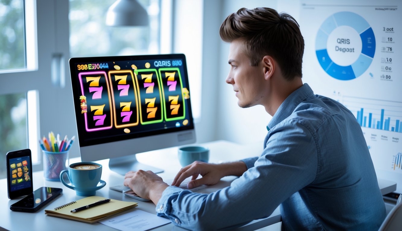 Seorang pria muda duduk di depan laptop dengan tampilan permainan slot online dan kode pembayaran QRIS di meja.