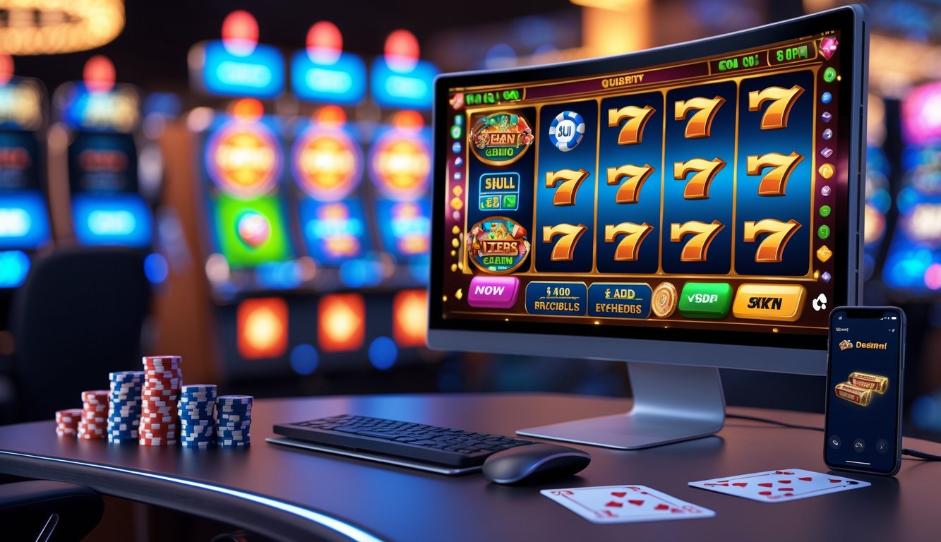 Seorang pengguna sedang bermain mesin slot online di komputer dengan layar besar dan ponsel menampilkan kode QR untuk deposit.