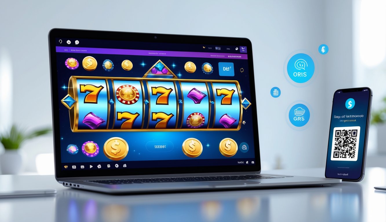 Seorang pengguna bermain permainan slot online di komputer dengan ponsel yang menampilkan kode QR untuk deposit.