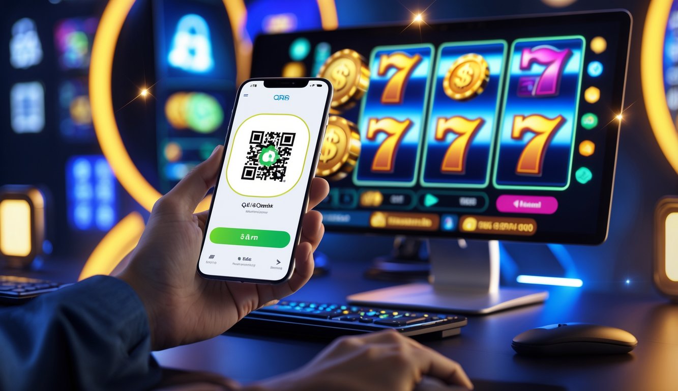 Seseorang memegang ponsel dengan kode QR di depan layar komputer yang menampilkan mesin slot dengan simbol jackpot dan koin.