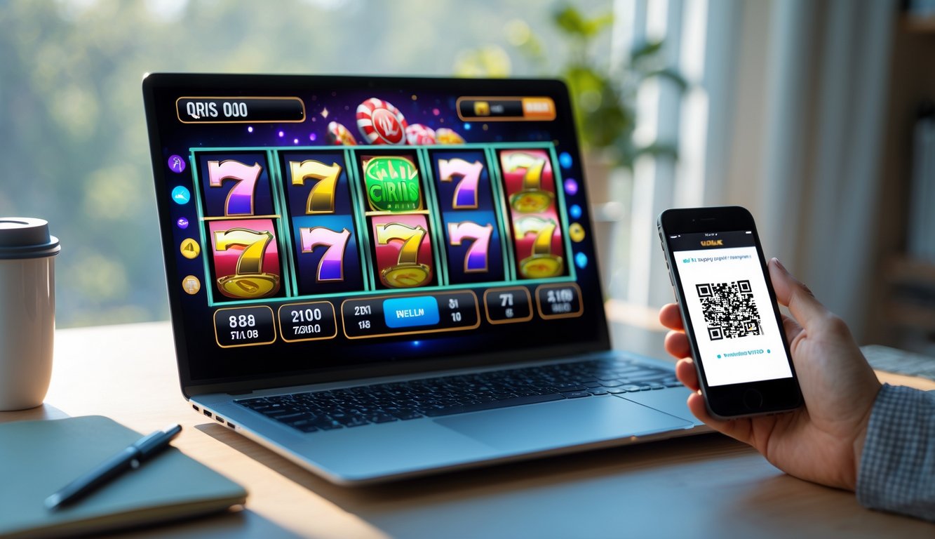 Seseorang bermain slot online di laptop sambil memindai kode QRIS di ponsel di meja kerja yang rapi.