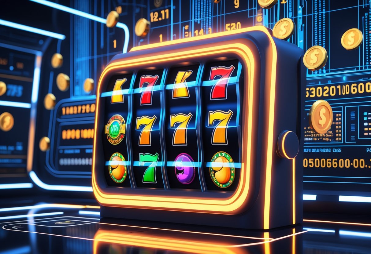 Ilustrasi mesin slot modern dengan lima gulungan dan simbol warna-warni, dikelilingi elemen grafis yang menggambarkan aliran data dan perhitungan algoritma, dengan sentuhan motif batik Indonesia di latar belakang.