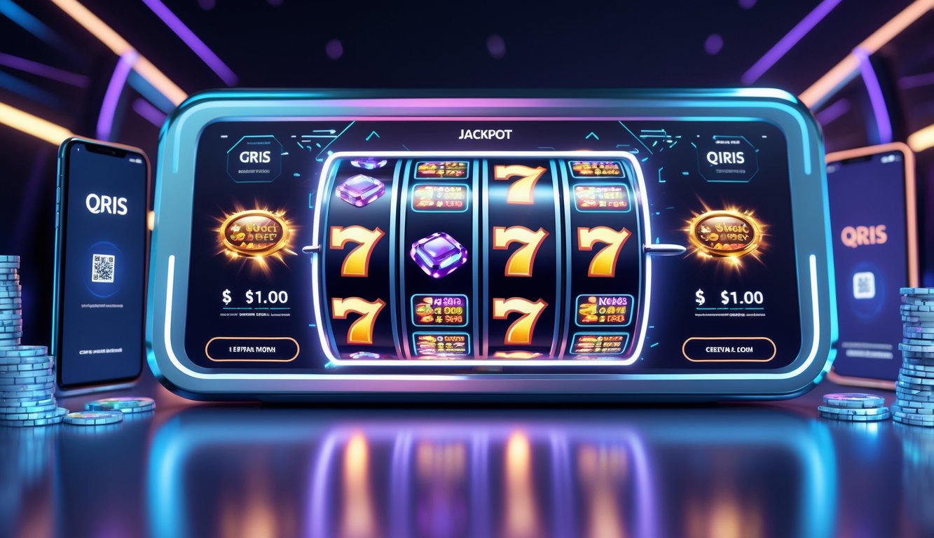 Antarmuka permainan slot online dengan simbol jackpot dan layar ponsel menampilkan kode QR untuk pembayaran.