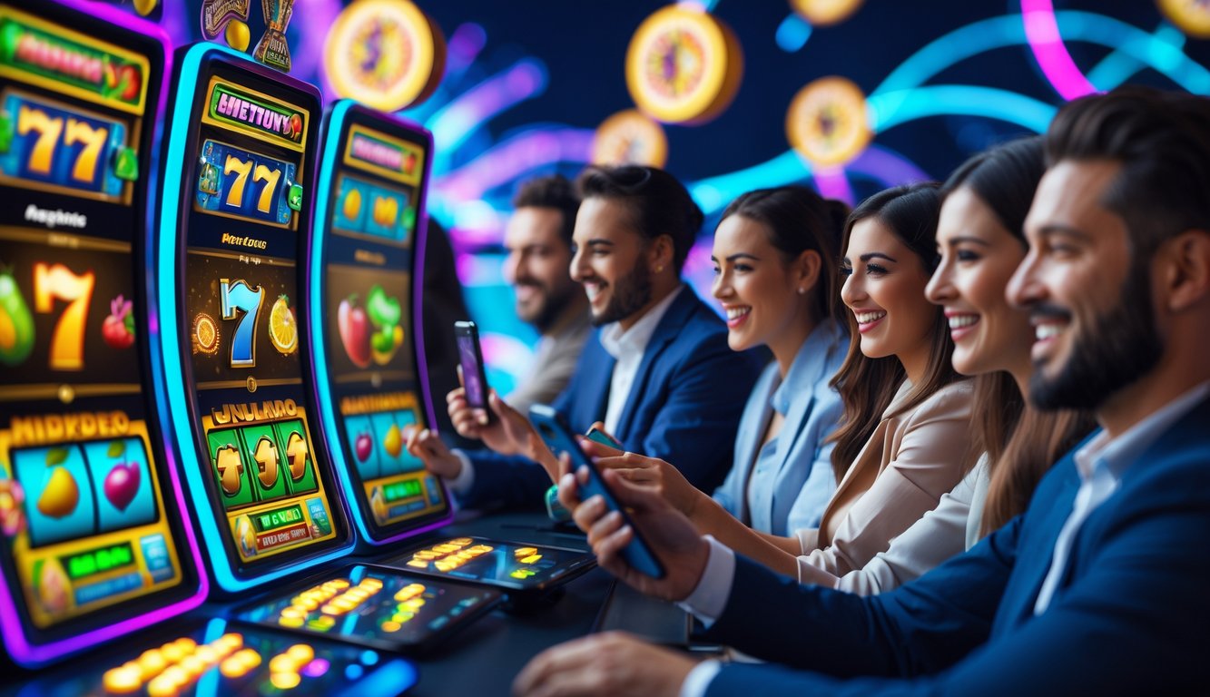 Orang-orang sedang bermain mesin slot online dengan suasana penuh semangat dan layar menampilkan simbol-simbol jackpot berwarna-warni.