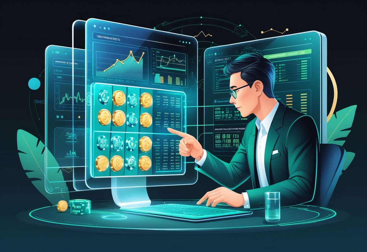 Seorang analis sedang memeriksa data algoritma putaran mesin slot di ruang kerja digital dengan layar transparan dan grafik kompleks, dengan latar belakang yang menunjukkan unsur Indonesia.