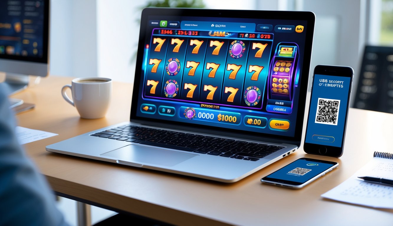 Seorang pria menggunakan laptop dan ponsel di meja kerja dengan tampilan permainan slot online dan kode QR untuk deposit.