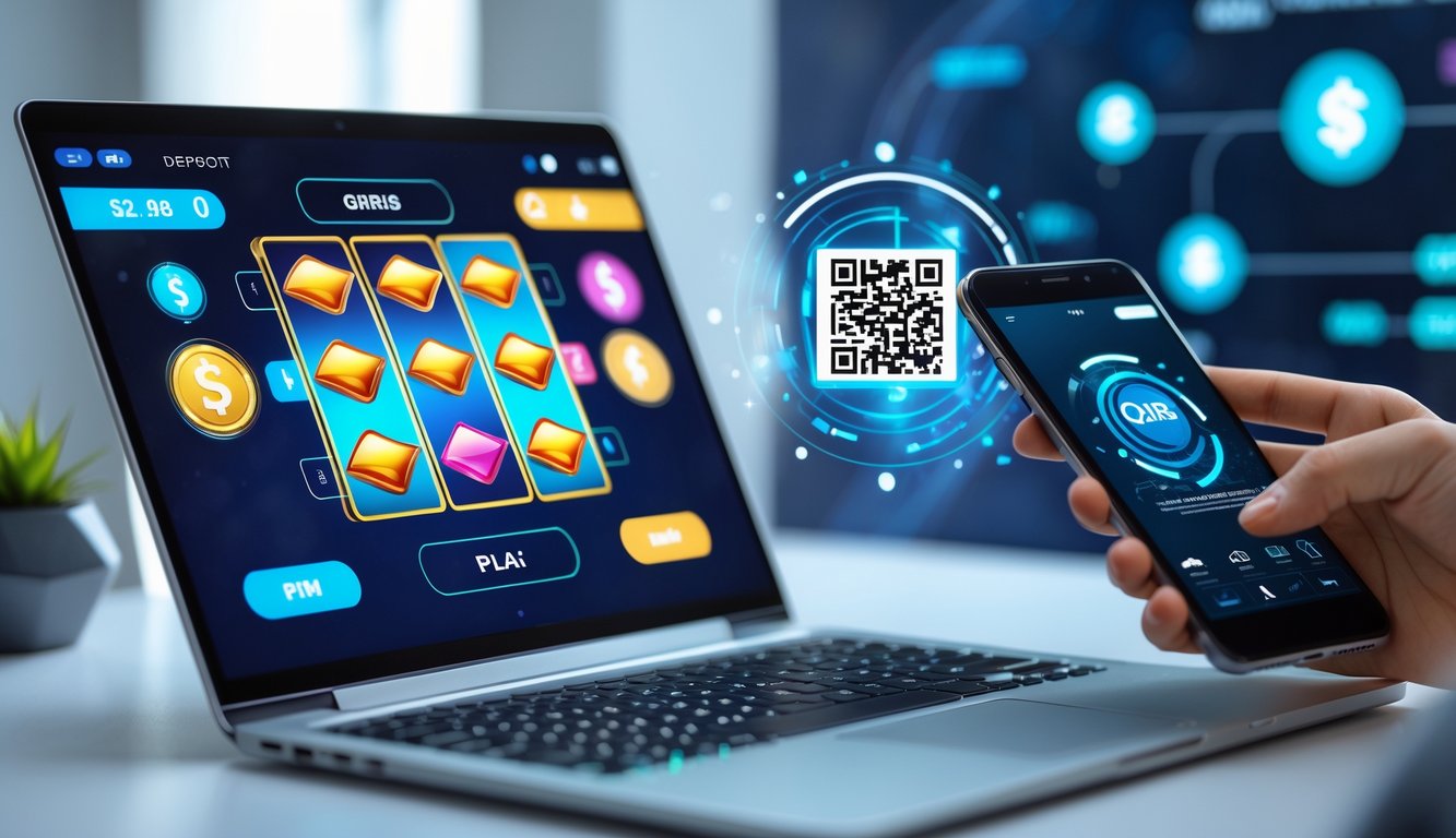 Seorang pengguna berinteraksi dengan laptop yang menampilkan permainan slot online dan ponsel yang memindai kode QRIS untuk deposit.