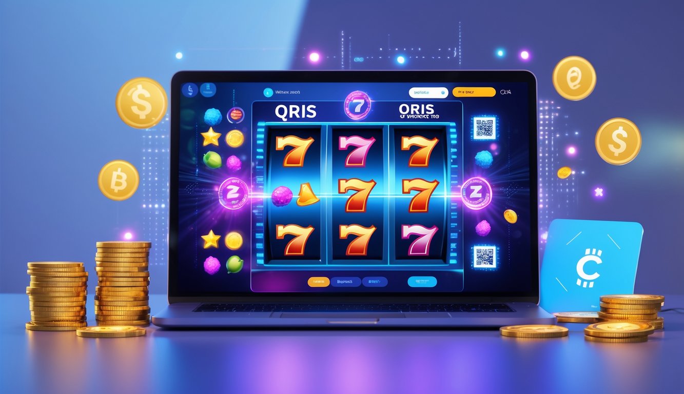 Seseorang menggunakan perangkat digital dengan tampilan mesin slot berwarna-warni dan simbol jackpot, dikelilingi oleh elemen transaksi digital seperti kode QR dalam suasana modern dan futuristik.