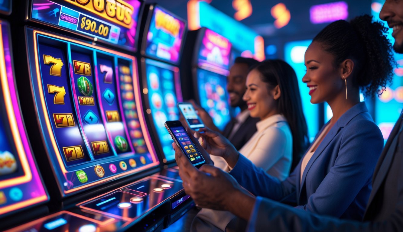 Orang-orang menggunakan perangkat digital untuk bermain mesin slot online dengan antarmuka warna-warni dan simbol jackpot yang menyala.