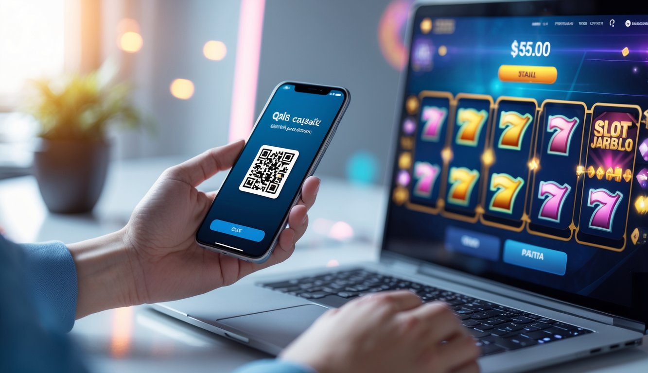 Tangan memegang ponsel dengan kode QR di layar, di depan laptop yang menampilkan permainan slot online dengan simbol jackpot.