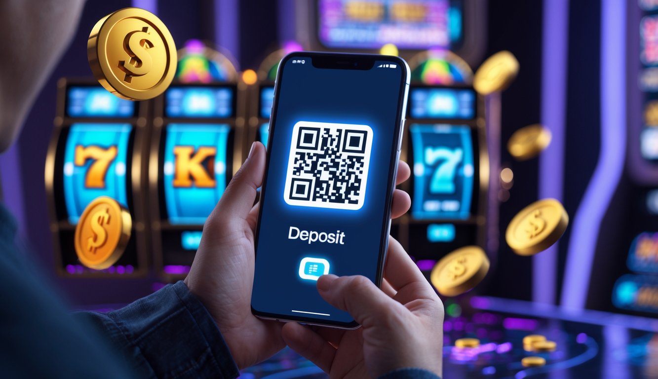 Tangan memegang ponsel dengan kode QR di layar, dikelilingi oleh simbol mesin slot dan koin digital.