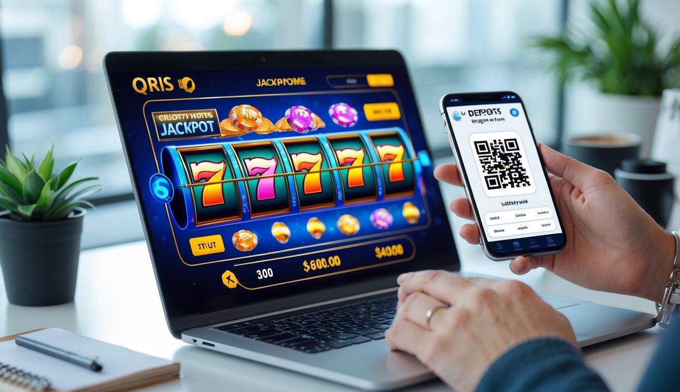 Seseorang menggunakan smartphone untuk memindai kode QR di depan layar laptop yang menampilkan permainan slot online dengan simbol jackpot.