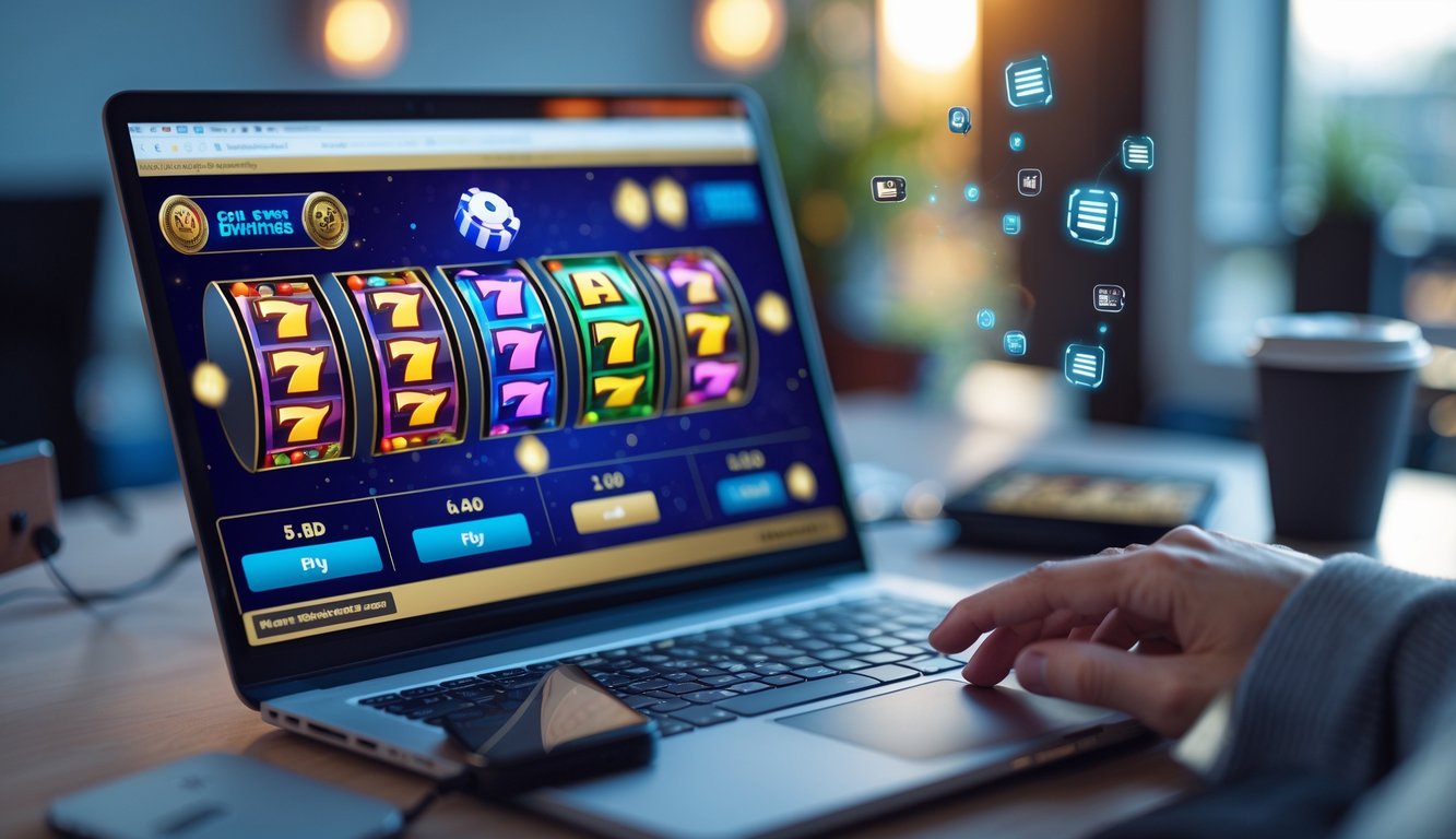 Seorang pengguna sedang bermain slot online di laptop dengan layar menampilkan permainan dan smartphone menunjukkan pembayaran QRIS di meja kerja.