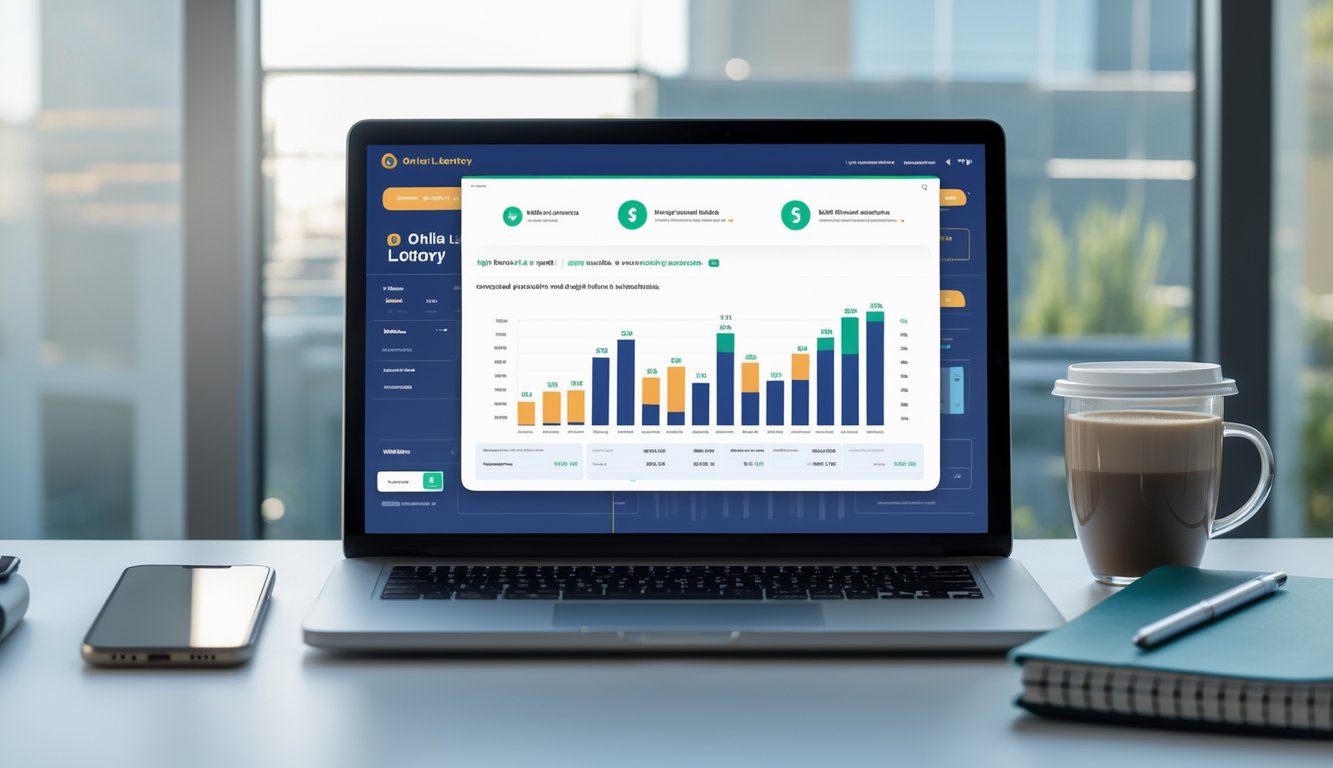 Meja kerja dengan laptop yang menampilkan situs togel online, ponsel, cangkir kopi, dan buku catatan di ruang kantor yang rapi dan terang.