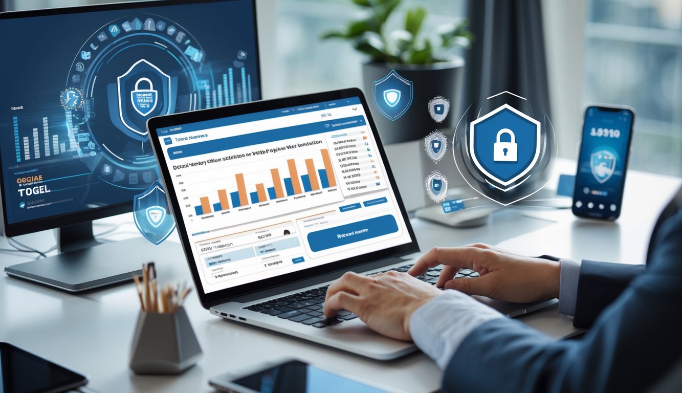 Meja kerja modern dengan laptop yang menampilkan data pasar togel online, tangan seseorang sedang menggunakan laptop, dan simbol keamanan di sekitar meja.